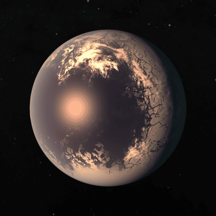 Vue d'artiste d'une planète froide et verrouillée en rotation synchrone autour de son étoile hôte. La glace recouvre une grande partie de la surface de la planète, mais le point directement face à l'étoile hôte de la planète reste libre de glace. © Nasa JPL-Caltech