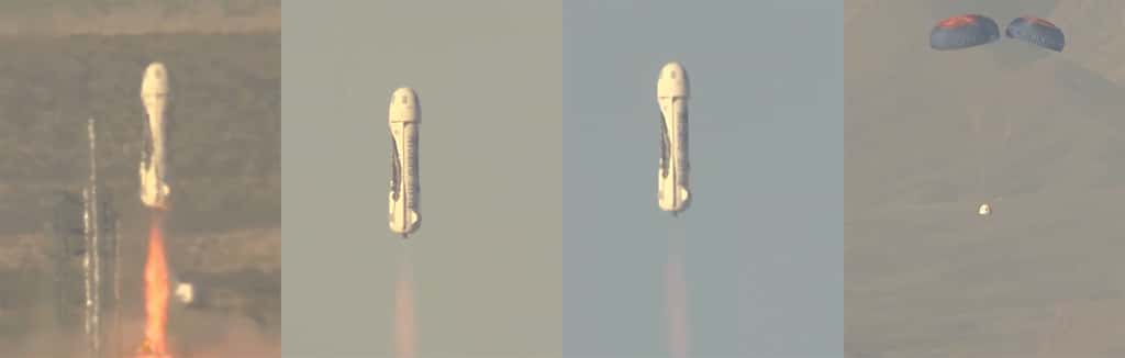 Du décollage à l'atterrissage de la capsule, le premier vol d'essai du New Shepard s'est bien déroulé. Seule déception : le crash de l'étage propulsif que Blue Origin souhaitait récupérer. © Blue Origin