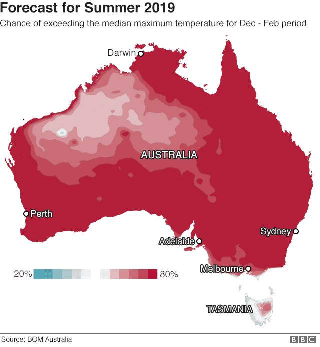 Les prévisions de sécheresse pour l'été 2019 en Australie. Presque la totalité du pays connaîtra une sécheresse exceptionnelle. © BOM Australia, BBC