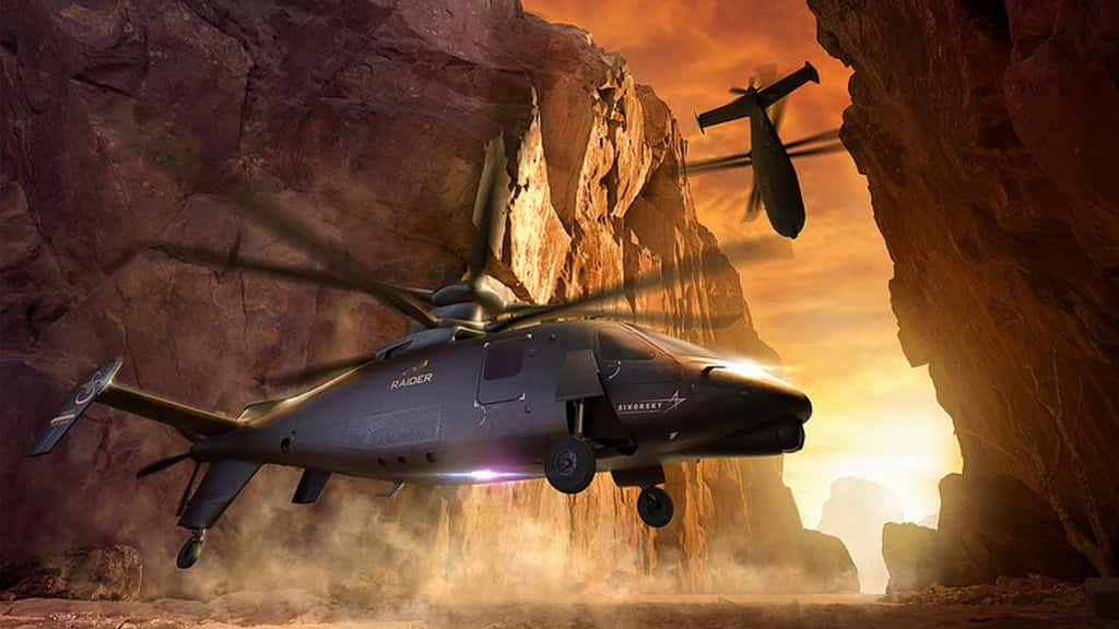Avec ses deux rotors contrarotatifs et son hélice propulsive, le S-97 Raider de Lockheed-Martin pourra évoluer à 400 km/h sur une distance de 600 kilomètres en transportant six soldats. © Lockheed-Martin 