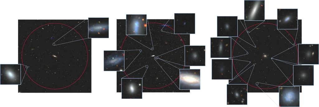 L'étude Saga a identifié 101 galaxies semblables à la Voie lactée qui ont de petites galaxies satellites. Ces trois exemples contiennent respectivement deux, six et neuf galaxies satellites. © Yasmeen Asali (Yale), avec des images du DESI Legacy Surveys Sky Viewer. © Yasmeen Asali (Yale), with images from the DESI Legacy Surveys Sky Viewer