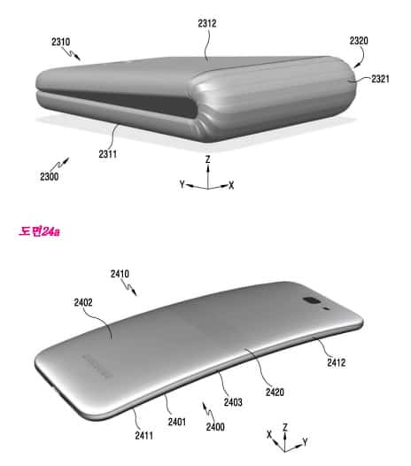 Voici l’une des représentations de smartphone à écran pliable issue du brevet Samsung. Le document porte principalement sur le système de charnière associé à un écran Oled flexible. © Samsung, KIPO 