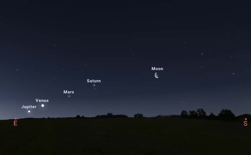 Ici est représenté l'alignement des quatre planètes tel qu'il sera visible le 23 avril à 5 h 45 dans le sud de la France. © Stellarium