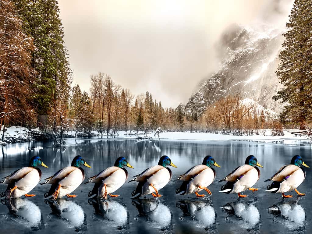 La danse des canards sur un lac gelé