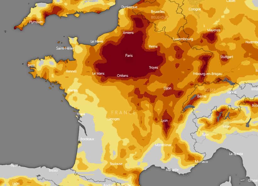 En rouge, le bassin parisien en état de sécheresse extrême au 1<sup>er</sup> mars 2023. © Windy