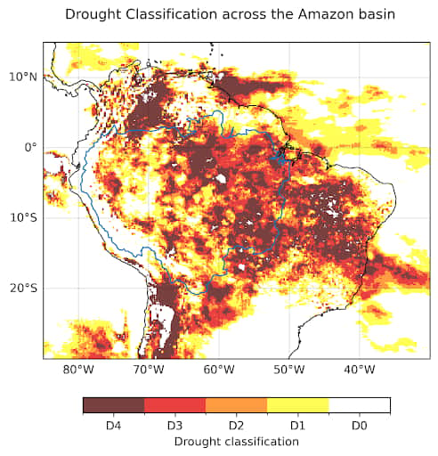 La sécheresse atteint un niveau exceptionnel sur la moitié de la région amazonienne. © <em>World Weather Attribution</em>
