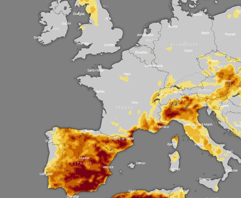 Le niveau de sécheresse en Espagne : en orange foncé, un niveau exceptionnel, en rouge un niveau extrême. © Windy