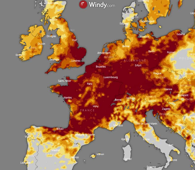 En orange, les zones en état de sécheresse sévère, et en rouge les zones en état de sécheresse extrême. © Windy