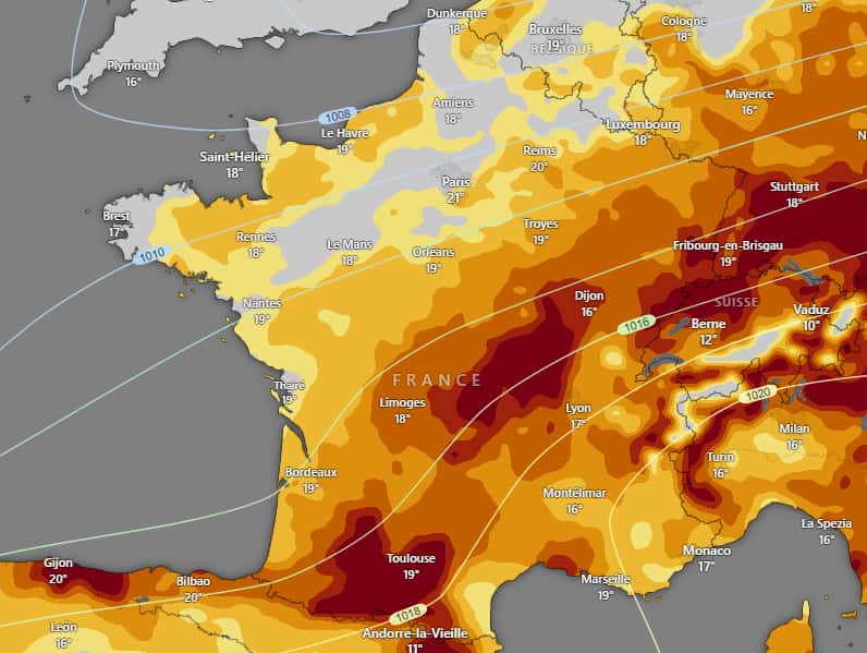 L'évolution de la sécheresse prévue d'ici le samedi 14 octobre, avec une nette aggravation au sud-ouest et au centre de la France. © Windy
