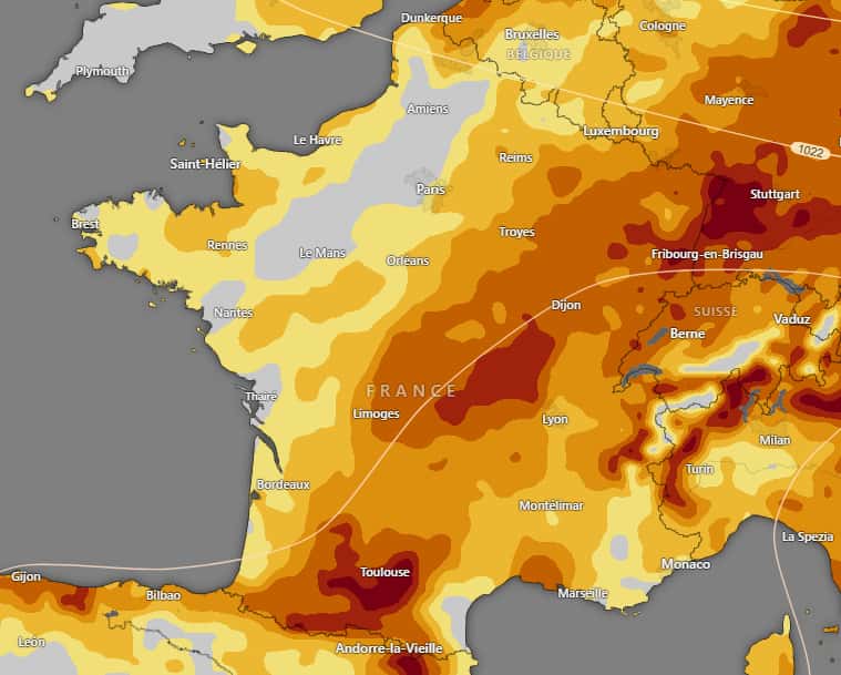 L'état de sécheresse en France ce 9 octobre : en jaune, la sécheresse légère ; en jaune foncé, la sécheresse modérée ; en orange, la sécheresse sévère ; en rouge, la sécheresse exceptionnelle et en rouge foncé, le niveau extrême. © Windy