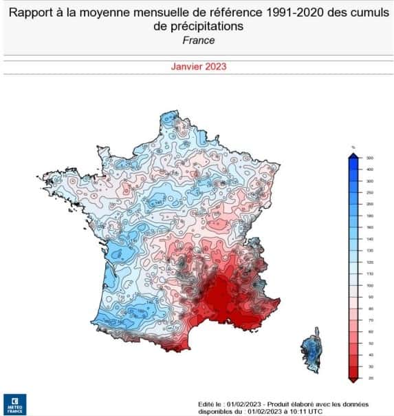 Les cumuls de précipitations en janvier 2023 comparés à la moyenne. © Météo France