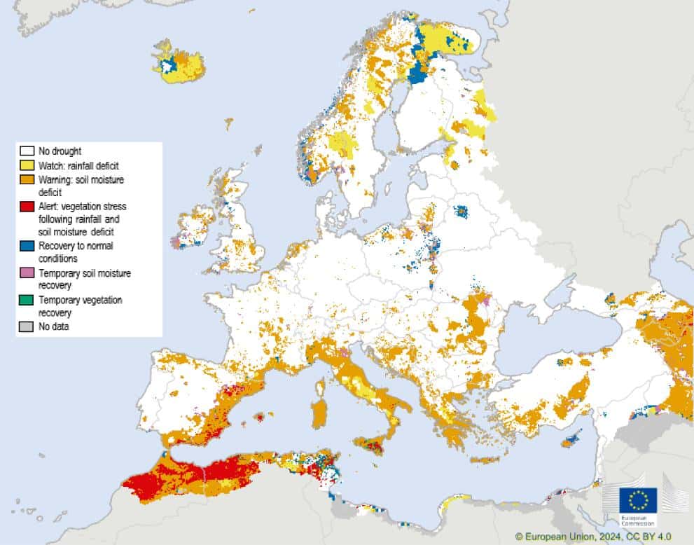 La carte de sécheresse pour les 10 premiers jours de février : en jaune les zones présentant un léger déficit de pluie, en orange les zones avec un déficit d'humidité des sols, et en rouge les zones en alerte avec un fort déficit d'humidité dans les sols et une végétation en souffrance. © Copernicus