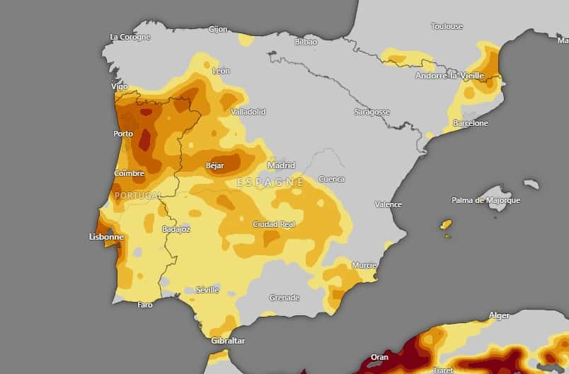 L'état de la sécheresse au Portugal : plus les couleurs sont foncées, plus cette sécheresse est importante. ©  Windy