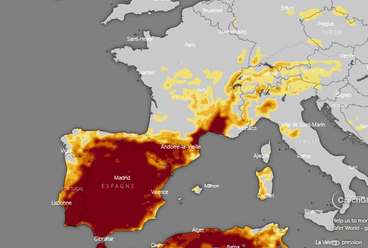 En rouge foncé, les trois quart de l'Espagne en état de sécheresse extrême au 4 avril 2023. © Windy