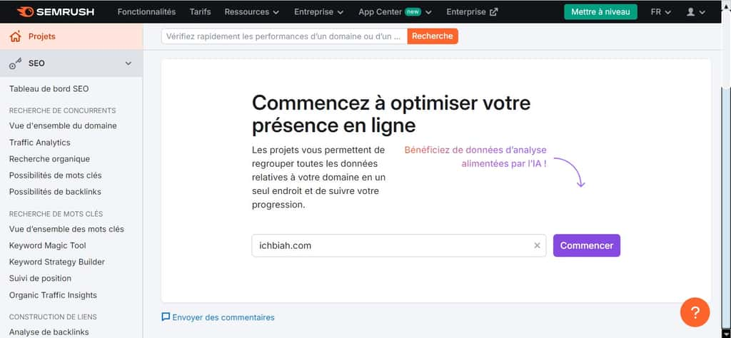 Lancement de l’analyse d’un site depuis Semrush Copilot. © Semrush