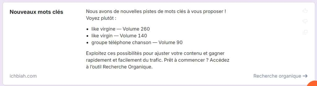 Semrush Copilot indique ici des mots clés qui pourraient être utilisés pour drainer davantage de visiteurs. © Semrush