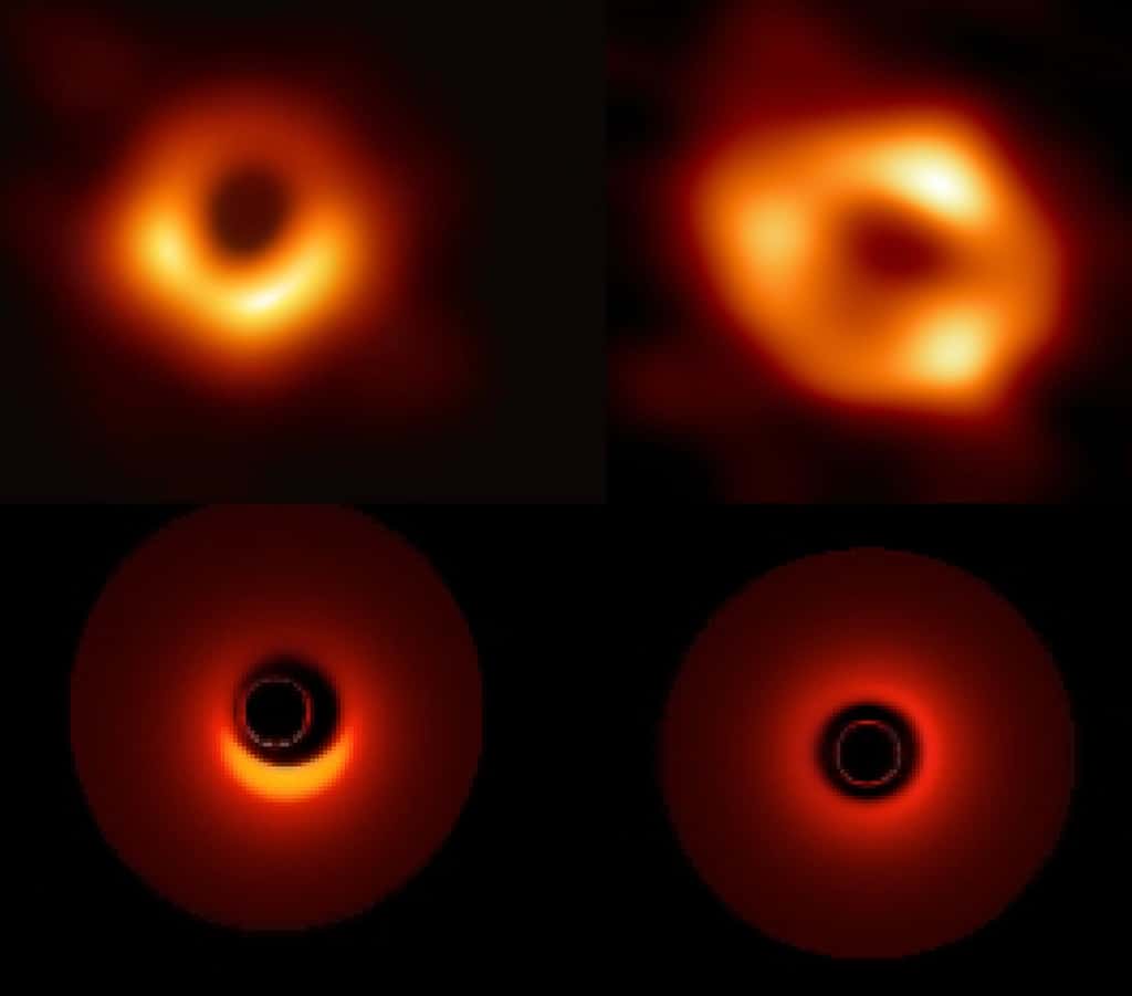 Dans la rangée du haut, les reconstructions d’image de SgrA* à droite et de M87* à gauche. Dans la rangée du bas, les simulations faites en 1989 avec Jean-Alain Marck avec des angles de vue de 65° à gauche et de 90° à droite. © Luminet, ESO