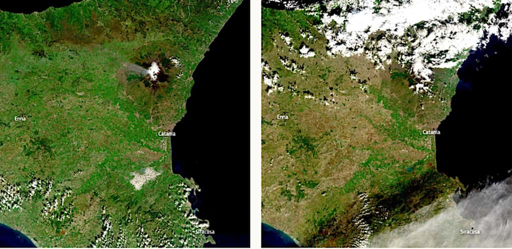 L'évolution très nette de la sécheresse en Sicile entre janvier 2023 et janvier 2024. © Esa