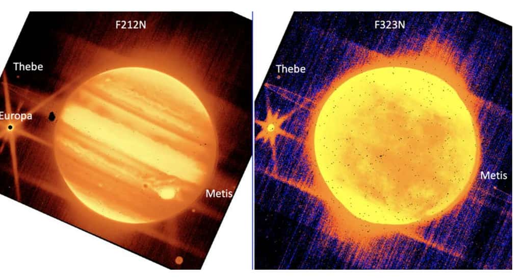Sur ces deux images de Jupiter obtenues avec la NIRCam (filtre 2,12 microns à gauche et 3,23 microns à droite) de James-Webb, on distingue le très fin anneau de Jupiter, de la brume, la lune galiléenne Europe, et les petites Thèbes et Métis. © Nasa, ESA, CSA, and B. Holler, J. Stansberry (STScI)