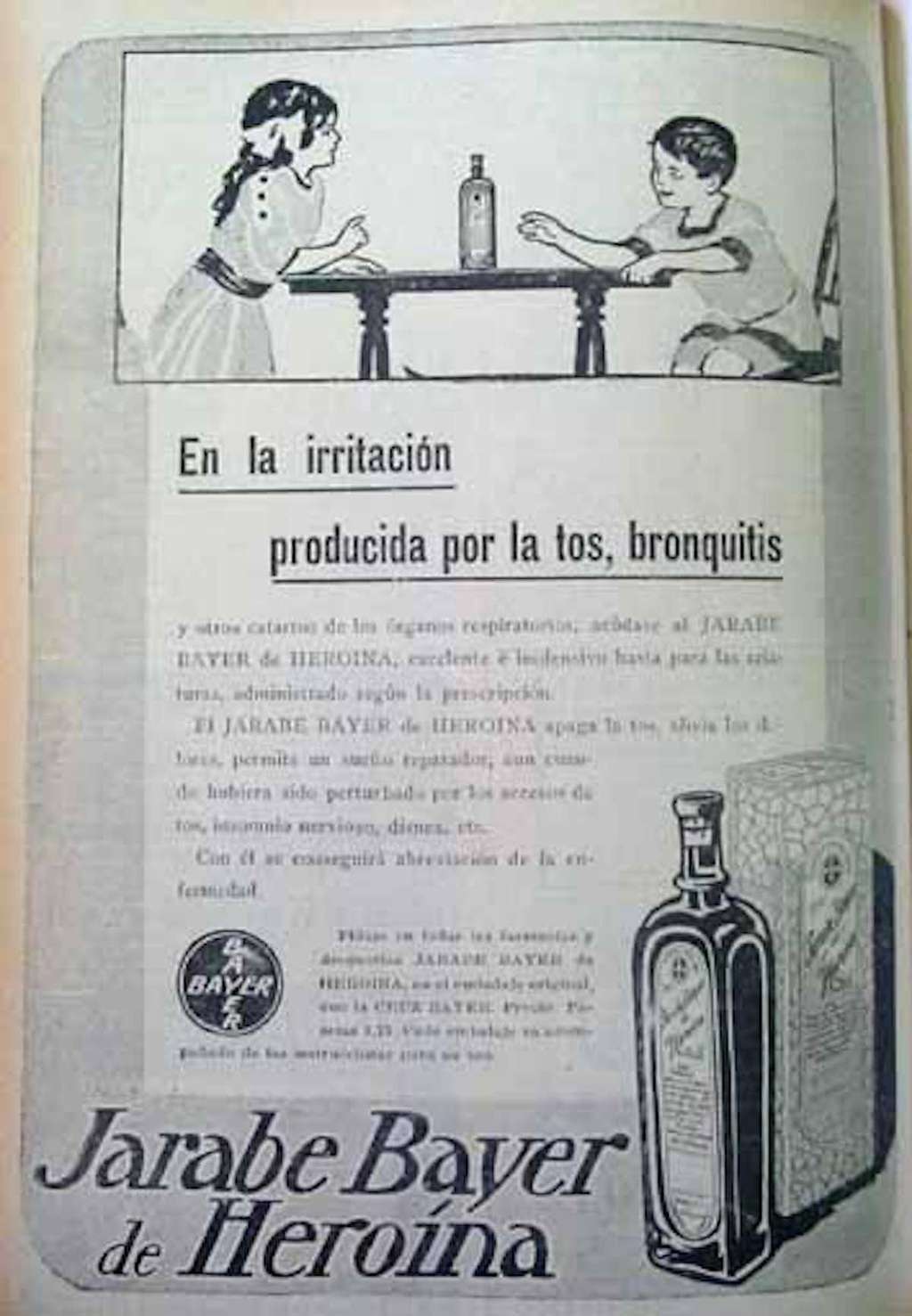 Publicité pour le sirop Bayer « <em>Héroïne</em> », publiée dans la presse espagnole en 1912. © Wikimedia Commons