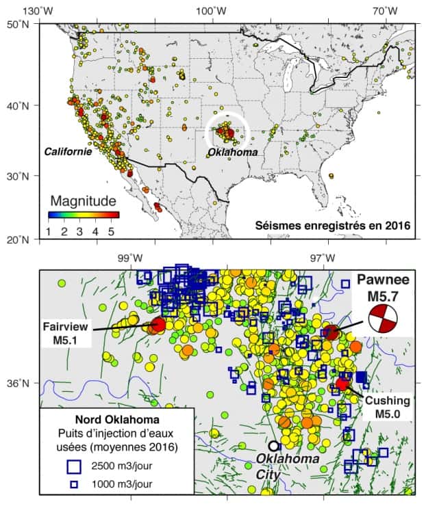 En haut : carte des séismes enregistrés par l’USGS pour l’année 2016 aux États-Unis. Ceux de la côte ouest sont associés à une activité tectonique « normale ». En revanche, dans l’Oklahoma (carte du bas), les séismes (cercles colorés en fonction de la magnitude) sont en très grande majorité induits par l’injection de fluides. © USGS