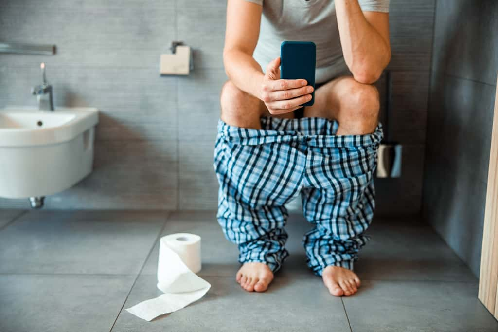 Une personne utilisant son portable dans les toilettes © Yakobchuk Olena, Adobe Stock