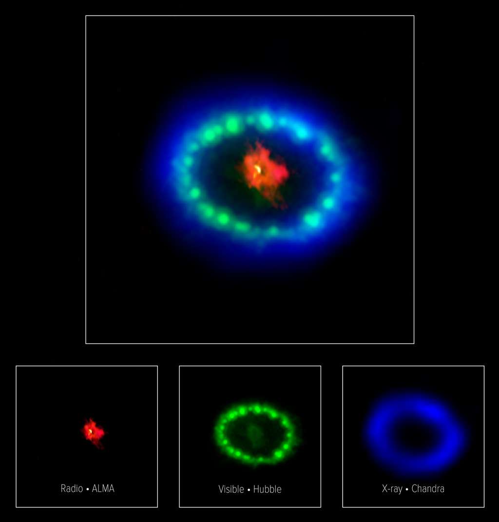 Cette image colorée et multilongueurs d'onde des restes complexes de SN 1987A est produite avec les données de trois observatoires différents. Les couleurs, artificielles, ont la même interprétation que dans la légende de l'image précédente. © Alma (ESO, NAOJ, NRAO), P. Cigan et R. Indebetouw ; NRAO, AUI, NSF, B. Saxton ; Nasa, ESA 