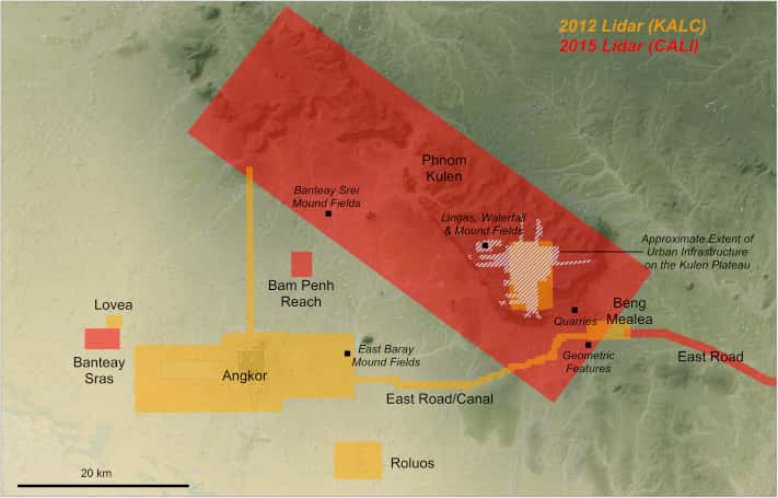 Les zones étudiées par Lidar à proximité d'Angkor en 2012 (en jaune) et en 2015 (en rouge). Les résultats de cette seconde exploration viennent d'être publiés, révélant l'ampleur des agglomérations réunies ici au temps de l'Empire khmer. (Cliquez sur l'image pour l'agrandir.) © Damian, <em>Journal of Archaeological Science</em>