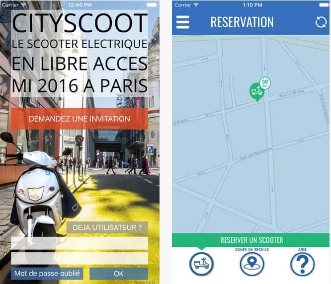 L'application Cityscoot (ici celle pour iPhone) sera obligatoire pour utiliser le service. Elle sert à réserver un scooter, à le localiser et à le déverrouiller. © Apple
