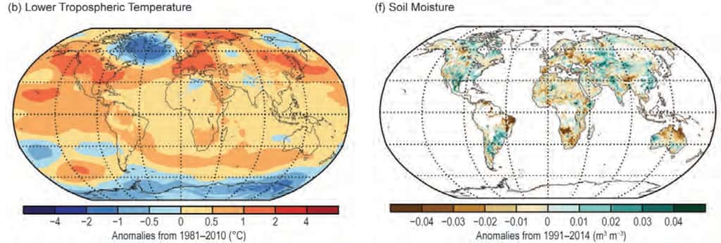 Deux cartes publiées dans le rapport de la NOAA. Celle de gauche indique les températures de l'air dans le bas de la troposphère, donc près du sol (<em>Lower Tropospheric Temperature</em>). La couleur indique pour chaque zone mesurée l'anomalie, c'est-à-dire la différence, en degrés Celsius, entre la moyenne de 2015 et celle de la période de référence, en l'occurrence 1981-2010, rouge pour une moyenne plus élevée, bleue si elle est plus faible. Celle de droite donne, toujours sous la forme d'anomalies, l'humidité des sols (<em>soil moisture</em>). © NOAA