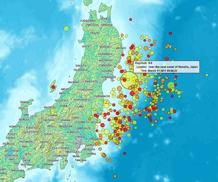 Le séisme de Tohoku du 11 mars 2011 (représenté ici par le plus grand cercle) a été suivi de nombreuses répliques, dont 56 de magnitude supérieure à 6. © DP