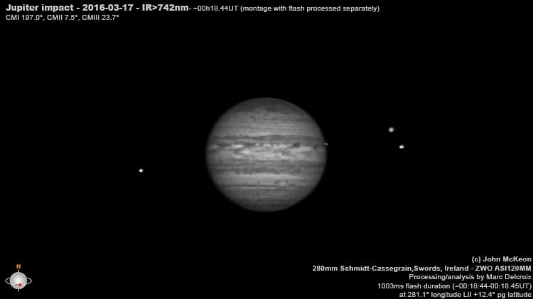 L’image de Jupiter extraite de la vidéo de l’Irlandais John McKeon et analysée par Marc Delcroix. On distingue nettement sur le limbe de Jupiter l’éclat de l’impact. Les deux satellites de droite sont (de gauche à droite) <a href="http://pgj.pagesperso-orange.fr/jupsat.htm" title="Position des Satellites de Jupiter pour le mois de mars 2016" target="_blank">Io et Ganymède</a> et celui, solitaire, de l’autre côté de Jupiter, est Europe. Ces images vont être analysées par des astronomes professionnels pour en tirer le maximum d’informations. © John Mc Keon, avec la courtoisie de Marc Delcroix