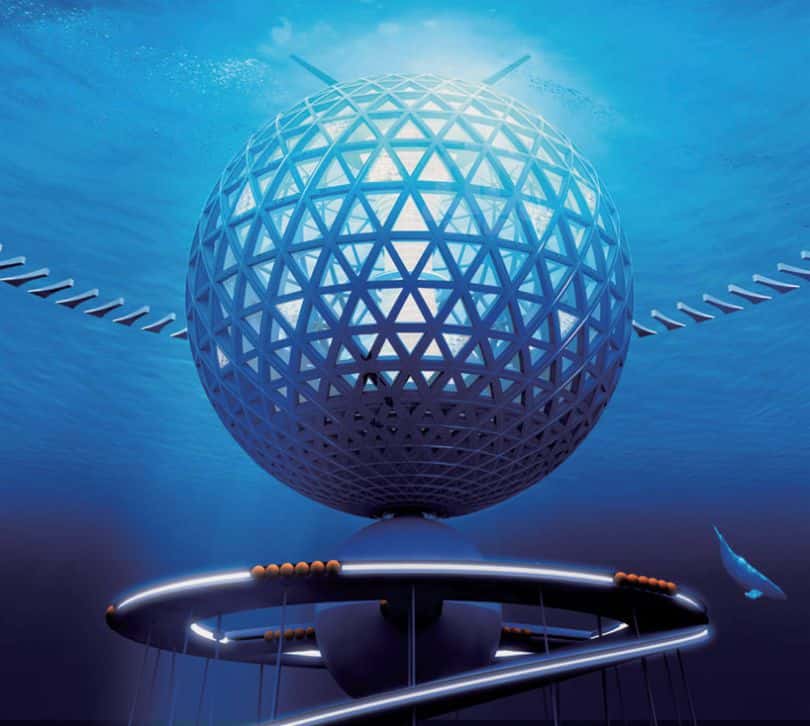 L'entreprise japonais Shimizu a étudié la possibilité de faire vivre une communauté humaine en pleine mer. Son projet Ocean Spiral prévoit une sphère de 500 m de diamètre, constituée d'une trame de béton et de panneaux transparents, qui abrite des appartements, des hôtels, des bureaux et des laboratoires. Affleurant en surface, elle est ancrée au fond, entre 1.500 et 4.000 m, par l'intermédiaire d'une rampe hélicoïdale, maintenue par des câbles. D'énormes ballasts permettent de la faire émerger davantage, pour la maintenance, ou, à l'inverse, de l'enfoncer complètement sous la surface lorsqu'un cyclone est prévu. © Shimizu 