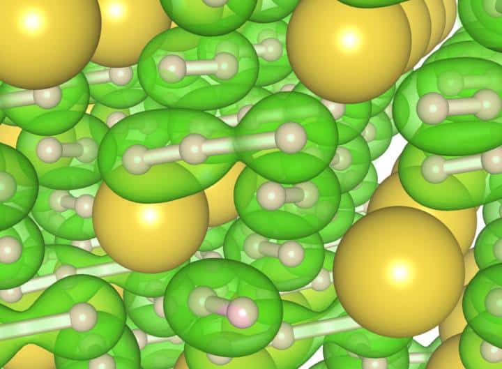 Au centre de l’image, en vert, une chaîne de trois atomes d’hydrogène à une dimension telle qu’elle apparaît dans le NaH<sub>7</sub>, le nouveau matériau créé par les chercheurs de la <em>Carnegie Institution for Science</em>. © Budck Young Kim, <em>Carnegie Institution for Science</em>