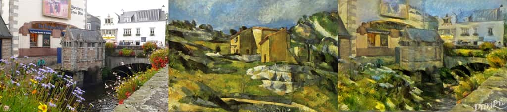 Nous nous sommes amusés à tester DeepArt. À gauche, une photographie des toilettes publiques de Pont-Aven, au pied de la biscuiterie Traou Mad – avec ses fameuses galettes et, sur son mur, une reproduction d’un tableau de Gauguin (<em>La ronde des petites bretonnes</em>). Au centre, un tableau de Cézanne (<em>Maison de Provence</em>) qui a servi de modèle pour le style. À droite, le résultat obtenu avec DeepArt. © DeepArt, Jean-Luc Goudet