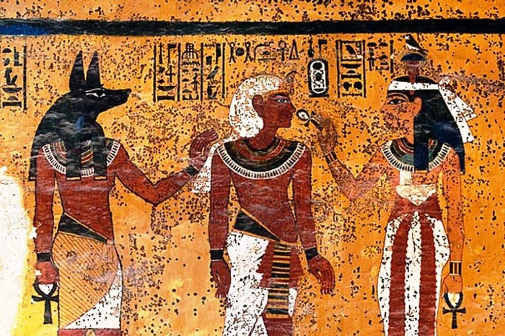 Les fresques murales du tombeau de Toutânkhamon sont constellées de taches sombres. Elles sont probablement apparues rapidement après la cérémonie et seraient dues à un séchage insuffisant des peintures. Le pharaon aurait été enterré à la hâte, estiment les archéologues. © <em>Harvard University-The J. Paul Getty Trust,</em> 2001