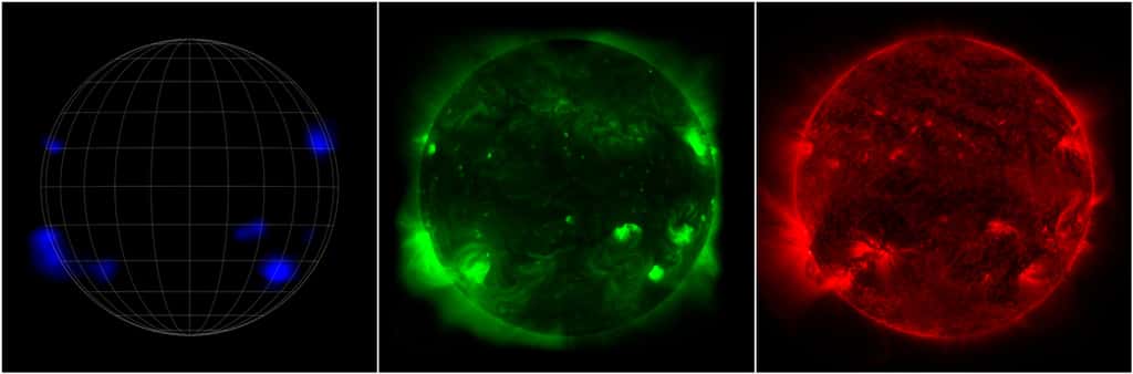 Le Soleil apparaît différemment selon qui regarde. De gauche à droite, NuSTAR de la Nasa voit des rayons X à haute énergie ; la mission Hinode de l'Agence japonaise d'exploration aérospatiale voit des rayons X à faible énergie ; et le <em>Solar Dynamics Observatory</em> de la Nasa voit la lumière ultraviolette. Ces trois images sont en fausses couleurs. © Nasa, JPL-Caltech, Jaxa 