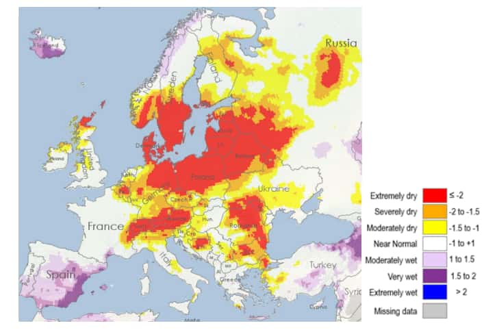 En orange et rouge, les zones touchées par un indice d'humidité des sols extrêmement bas. © Copernicus
