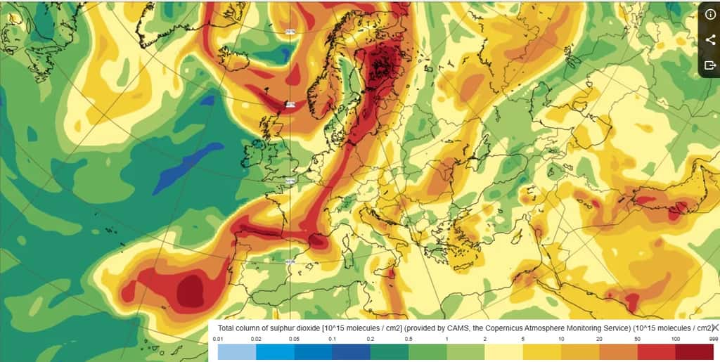 L'évolution du nuage de soufre ce lundi. © Copernicus