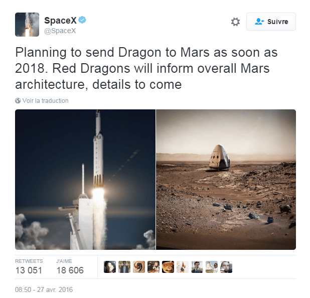 SpaceX a annoncé sur Twitter l'arrivée d'une capsule Dragon sur Mars en 2018. Cliquez <a title="Le tweet de SpaceX" target="_blank" href="https://twitter.com/SpaceX/status/725351354537906176/photo/1">ici</a> pour accéder au tweet. © SpaceX, Twitter