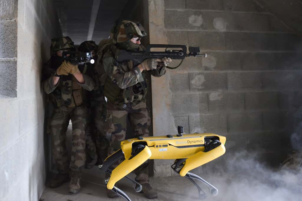 Le robot-chien Spot aux côtés de l’armée française lors d’entraînements à l'école militaire de Saint-Cyr. © Écoles de formation des officiers de l'armée de Terre