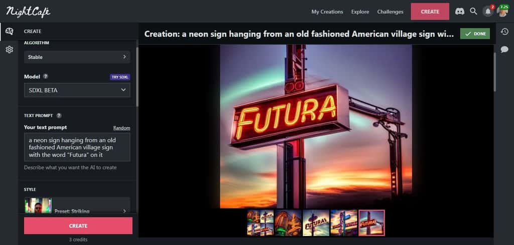 Nous avons demandé à Stable Diffusion XL de créer un néon avec le mot « Futura ». © Stability AI