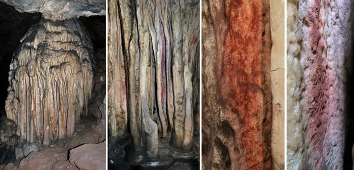 Une coulée stalagmitique de la grotte d'Ardales est colorée en rouge. © Joao Zilhao, Icrea