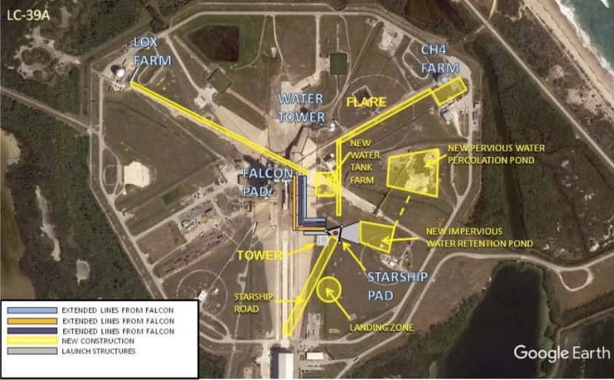 Plan des modifications à apporter au pas de tir LC39A de SpaceX à Cap Canaveral pour accueillir le Starship. © SpaceX  