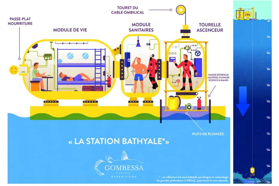 Schéma de l'organisation de la Station Bathyale qui a abrité les aquanautes de Gombessa 6 pendant 20 jours. © Laurent Ballesta, Andromède Océanologie
