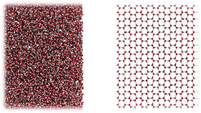 La nouvelle forme de glace a une structure moléculaire très similaire à celle de l'eau liquide (à gauche), par rapport à la glace cristalline ordinaire (à droite). © <em>University of Cambridge</em>