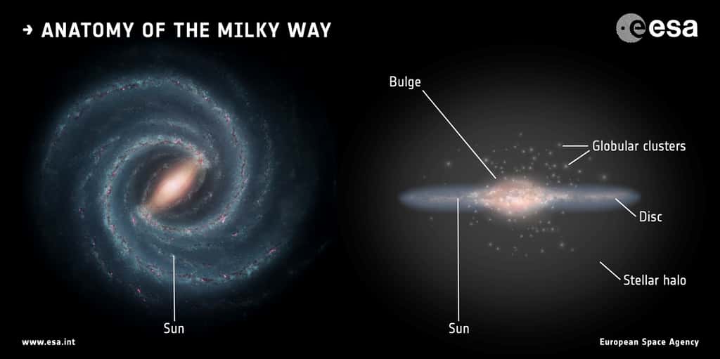Deux schémas montrant la structure de la Voie lactée, une spirale barrée de 100.000 années-lumière de diamètre avec des amas globulaires (<em>globular clusters</em>), le Soleil (<em>sun</em>) et des vieilles étoiles dans son halo et son bulbe (<em>bulge</em>). © Esa