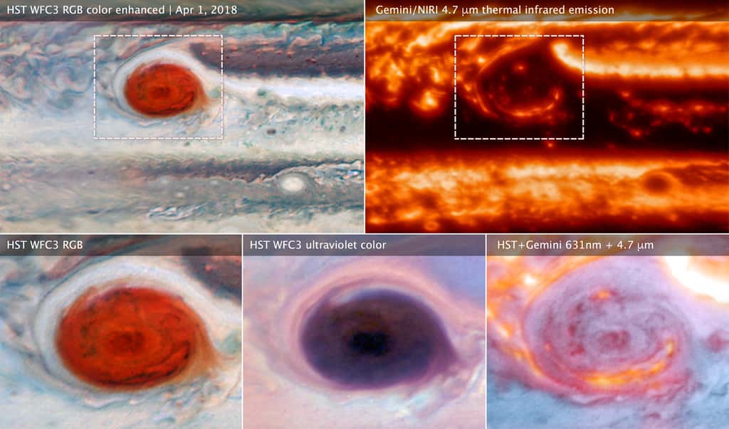 Ces images de la Grande Tache rouge ont été obtenues à partir de données recueillies par Hubble et Gemini le 1<sup>er</sup> avril 2018. Les observations combinées montrent que les zones brillantes en infrarouge sont des éclaircies ou zones avec moins de couverture nuageuse bloquant la chaleur de l'intérieur. Les observations de Hubble et Gemini ont été faites pour fournir une vue de contexte global pour le 12<sup>e</sup> périjove de<em> </em>Juno. © Nasa, ESA, M.H. Wong (UC Berkeley) et son équipe