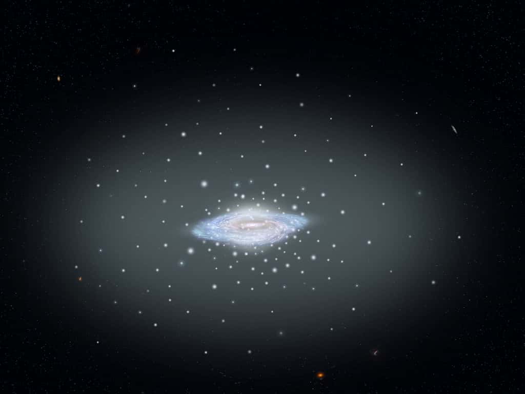 Sur cette illustration de la Voie lactée, les flocons qui l’entourent représentent des amas globulaires peuplés de centaines de milliers d’étoiles chacun. © Nasa, ESA, A. Feild (STScI)