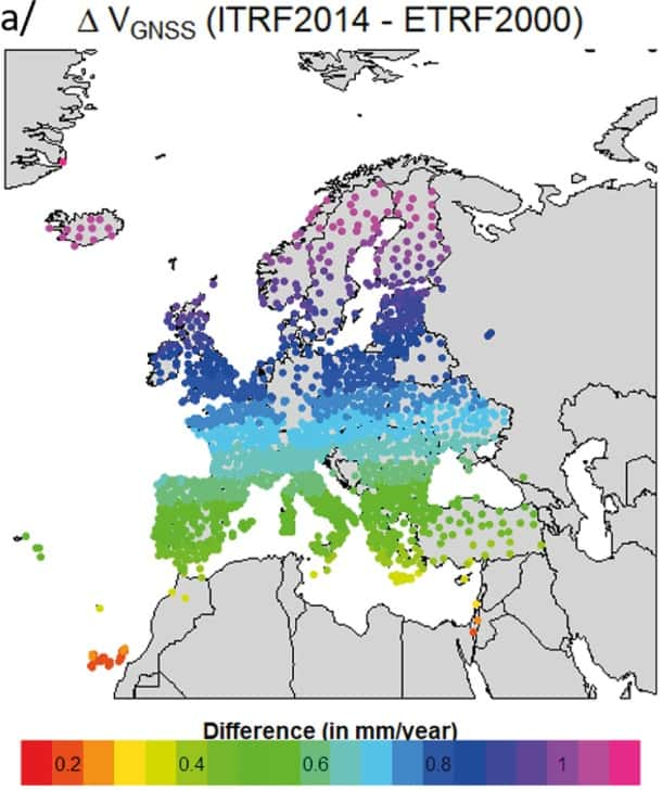 Le niveau de subsidence par an en Europe : les littoraux du sud de l'Europe sont peu touchés, la France est concernée par un affaissement de 0,5 à 0,8 millimètre par an. En Scandinavie, certaines des côtes ont tendance à remonter. © BRGM